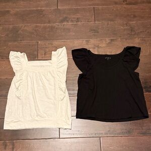 Lot of 2 LOFT Flutter Sleeve Cotton Tops Large Black and White